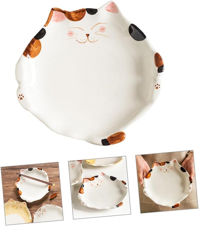 LIFKOME Cat Shaped Ceramic Plate for Snacks Fruits and Salads Adorable Cartoon Cat-themed Dinner Dish for Appetizers and Desserts