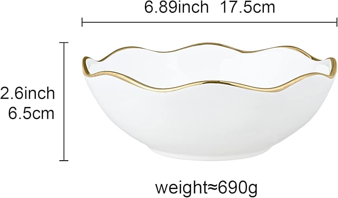Fanquare 16oz Vintage White Pasta Bowls Set of 4, Porcelain Salad Bowl, 7" Kitchen Serving Bowl With Gold Trim for Cereal