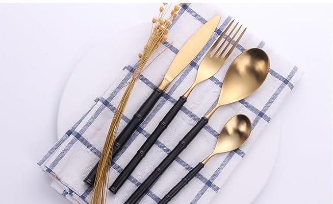 Stainless Steel Flatware serving set,Home Kitchen Eating Tableware Set,Dishwasher Safe,For Home Kitchen Restaurant Hote 4/16/24 Piece Creative 304 Stainless Steel Knife And Fork Black Gold Bamboo West