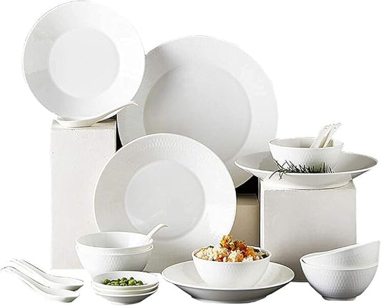 Elegant Fine Dinnerware Set,White Porcelain Dinnerware Set,Ceramic Plates and Bowls Sets,Vintage Round Dishes Set Dinner Plates for Kitchen/Dining,Service for 6