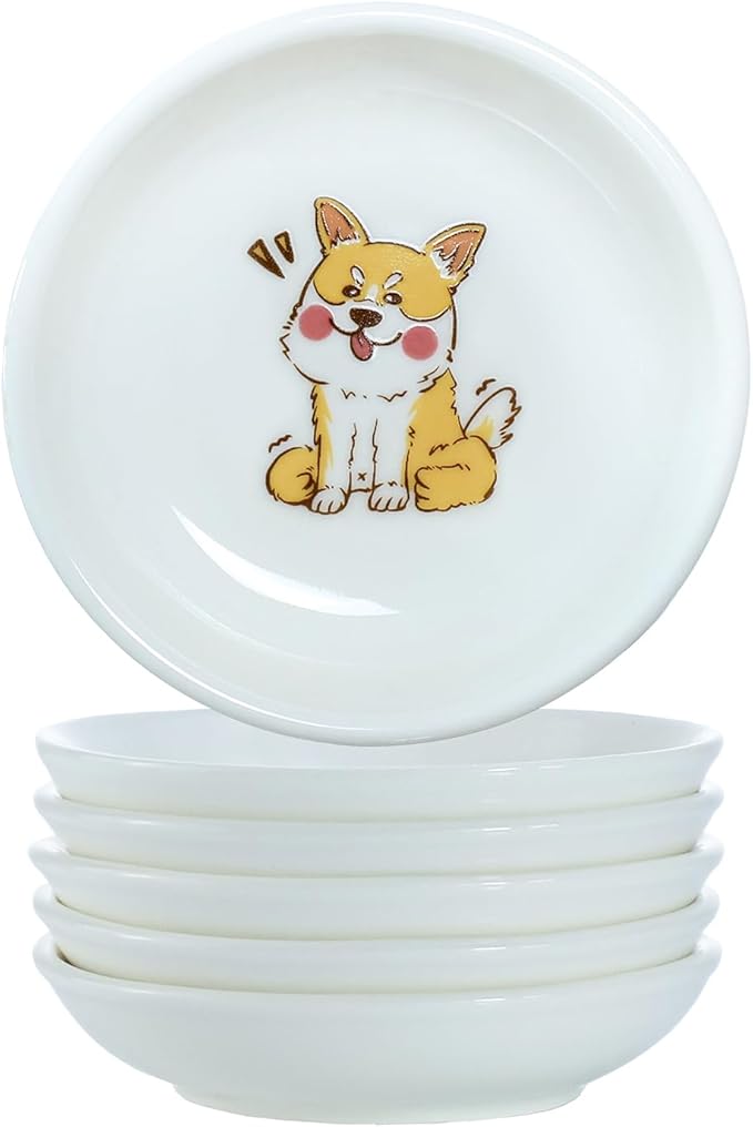 Funny Cartoon Cute Dogs Pattern Ceramic Sauce Dishes, Seasoning Dishes, Sushi Soy Dipping Bowls, Appetizer Plates, Dessert Plates, Little Cat Bird Feeding Bowls, Set of 6-Cute Dogs-3.5 Inch