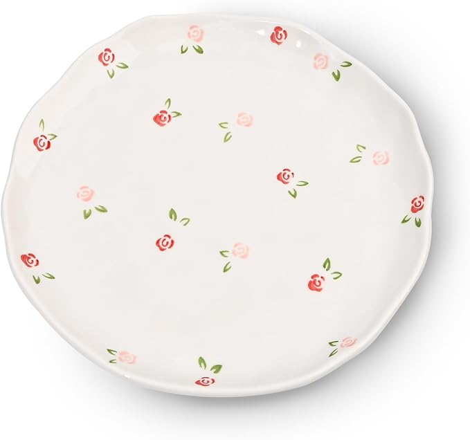 Koythin Floral Ceramic Dinner Plates, 8" Microwave Safe Dishes for Pasta, Modern Rustic Appetizer Plate for Salad Fruits Dessert Cake (Red Rose Fragmented Flowers)
