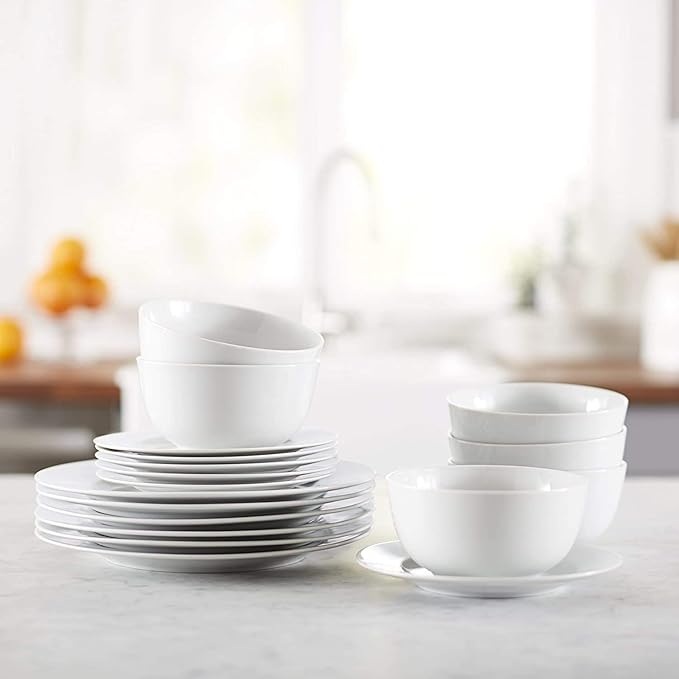 Plate Set –Porcelain Kitchen Dinnerware Set Ceramic Tableware 18-Piece Kitchen Dinnerware Set, Plates, Dishes, Bowls, Service for 6 - White