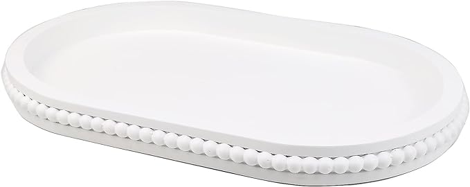 Oval Wood Serving Tray with Wooden Beads, Outdoor Farmhouse Decorative Tray for Ottoman, Coffee Table, Kitchen Counter Organizer, Home Decor(White)