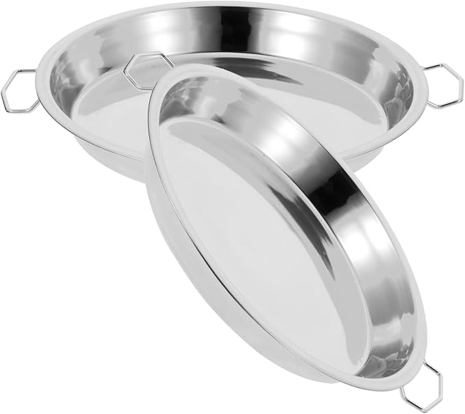 DOITOOL 2Pcs Stainless Steel Steaming Dish Cold Noodle Plate Steamed Rice Tray Round Steaming Tray With Double Handle for Home Kitchen Food Serving