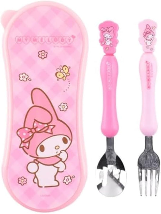 Lilfant Cute Pink Melody Fork and Spoon Flatware Set with Case, Tableware Set with Cute Figure, Medium