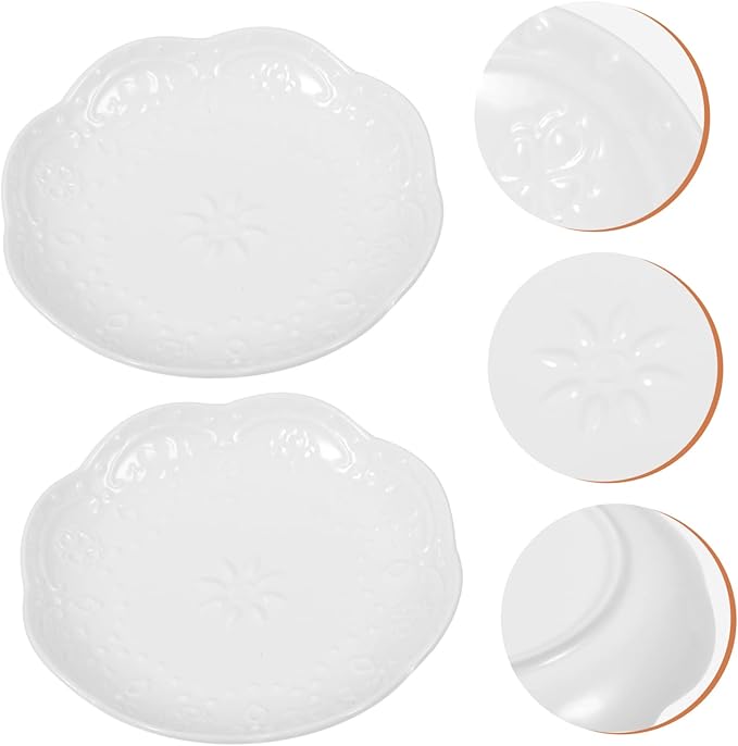 2pcs Decorative Floral Relief Ceramic Appetizer Plates White Sauce Dishes for Seasoning Suitable for Dips Desserts and Snacks