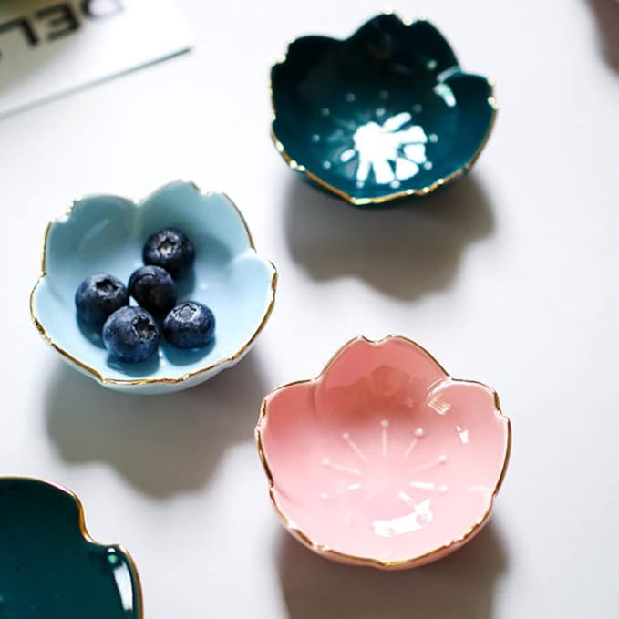 MARURY 3Pcs Cherry Blossom Sauce Dishes Japanese Ceramic Flower Soy Sushi Dipping Bowl Seasoning Dishes Appetizer Plates Snack Dish for Home Restaurant