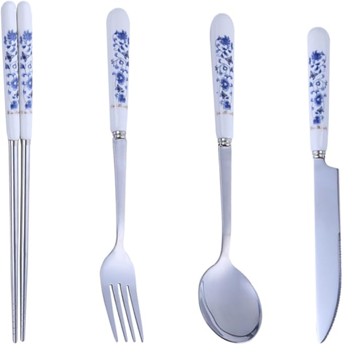 Luxshiny Blue and White Porcelain Flatware Set – Stainless Steel Fork, Spoon, Knife, and Chopsticks – Household Flatware Serving Kit for Home Dining and Party Use, 4pcs Tableware Set