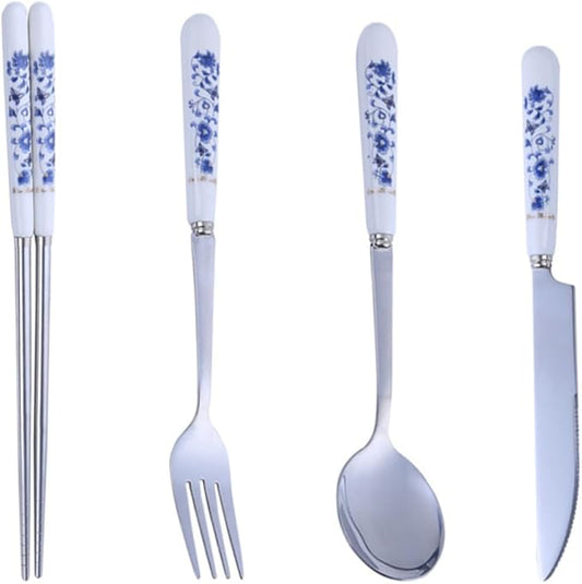 Luxshiny Blue and White Porcelain Flatware Set – Stainless Steel Fork, Spoon, Knife, and Chopsticks – Household Flatware Serving Kit for Home Dining and Party Use, 4pcs Tableware Set