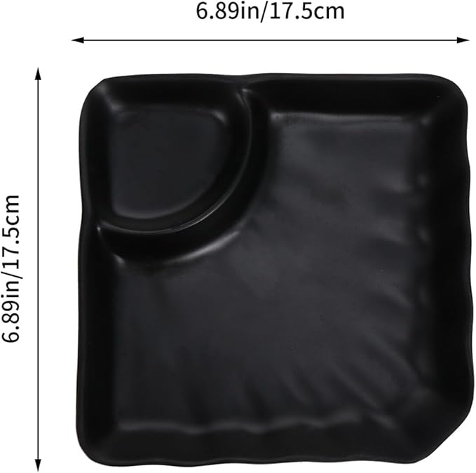 Kichvoe Black Divided Sushi & Dumpling Plate with Sauce Compartment | Japanese Serving Tray for Appetizers & Snacks, 6.88X6.88X1.37In
