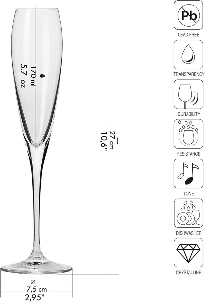 Krosno Champagne Glasses, Set of 4, 5.7 fl oz, Lead-Free Glass, Champagne Flutes for Prosecco, Sparkling Wine, Champagne and Mimosas, Dishwasher Safe, Made in Europe