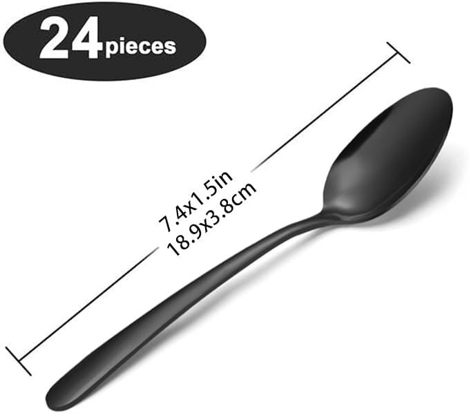 Unokit Dinner Spoons Set 24 Pieces (7.4 inch) - Stainless Steel silverware, Tablespoon, Silverware Spoons Only for Home, Kitchen or Restaurant - Mirror Polished, Dishwasher Safe, Black