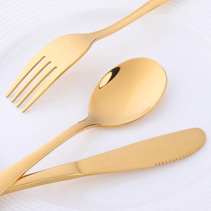 Flatware Silverware sets, 6pcs 18/8 Stainless Steel Student Cutlery Serving for 2, BPA-free Self-feeding Safe Kitchen Utensils, Mirror Polished (Gold)