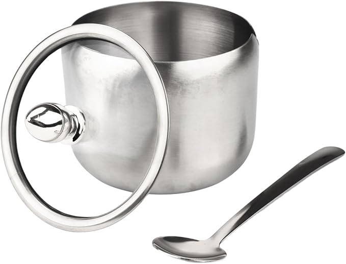 2 Pieces Stainless Steel Sugar Bowl with Lid and Spoon, 8.45 Oz/250 ML Sugar Container for Coffee Bar, Salt Bowls for Countertop Kitchen Storage Pepper Seasoning Coffee Bean Candy Spices, (Silver)
