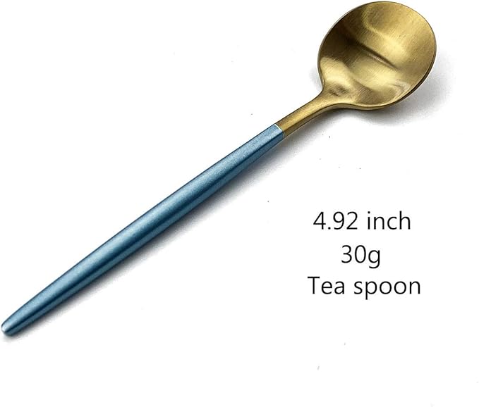 Gugrida Blue Gold Flatware Set, Royal 5 Pieces Matte Blue Handle 18/10 Stainless Steel Teaspoon Coffee Spoon 4.94", Camping Cutlery Silverware Travel Utensils Set Tableware