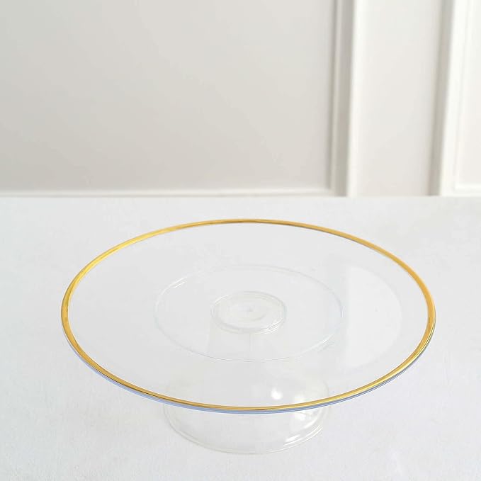 Efavormart 2 Pack | 12" Clear with Gold Rim Plastic Cupcake Dessert Display Riser, Disposable Pedestal Cake Stand