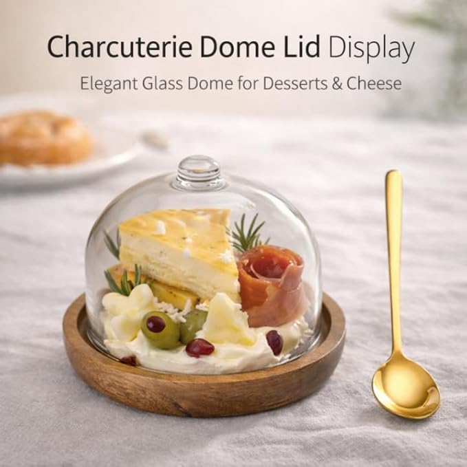 Mini Glass Dessert Display Stand with Dome Lid, Round Serving Tray with Clear Glass Cover, Small Cake and Cheese Display for Tabletop Use (brown)