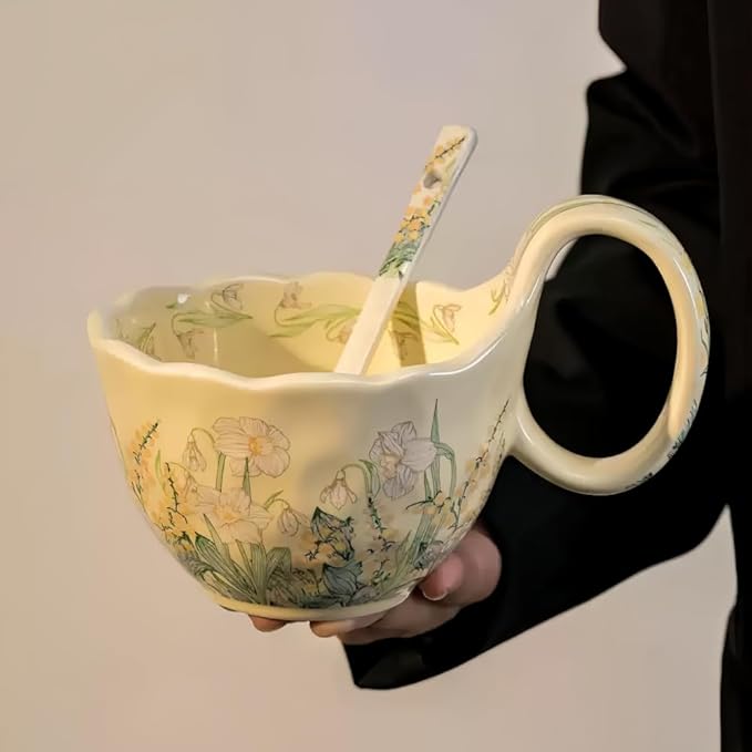 16.91oz/500ml Handpainted Soup Bowl with Handle,Ceramic Cereal Bowl Microwave & Dishwasher Safe,Loop Handle Bowl Great for Soup,Yogurt,Snack,Chip,Stew,Ice Cream,Coffee (Cosmos Flower)