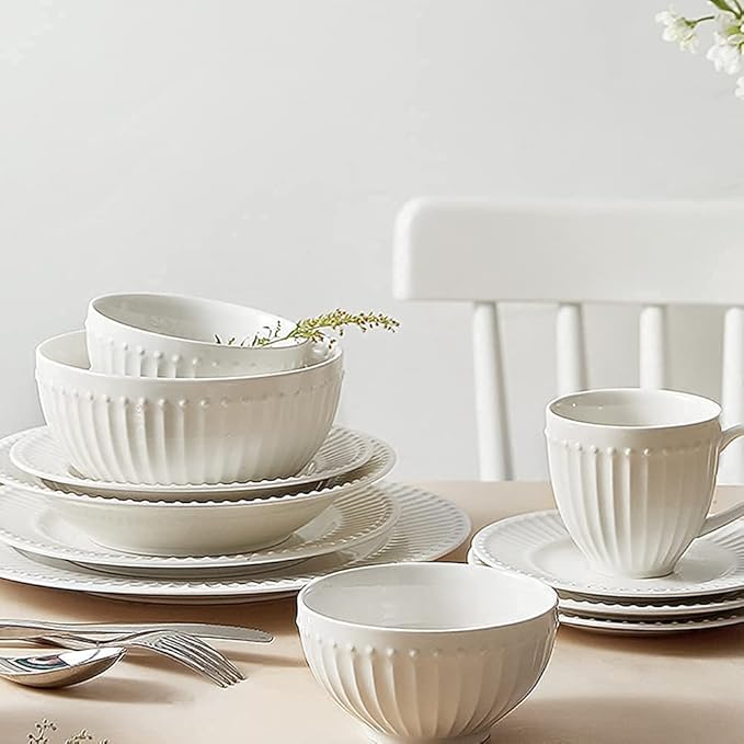 Porcelain Dinnerware Sets Plates and Bowls Sets 19 Pcs Dinnerware Sets, Porcelain Tableware Set with Plates and Bowls, White Ceramic Dinner Set, Microwave and Dishwasher Safe