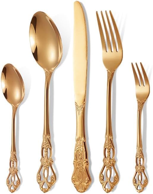Dinnerware 18/10 Stainless Steel Flatware Set Palace Flower Carved 2 Set Total 10 Pieces,Dishwasher Safe