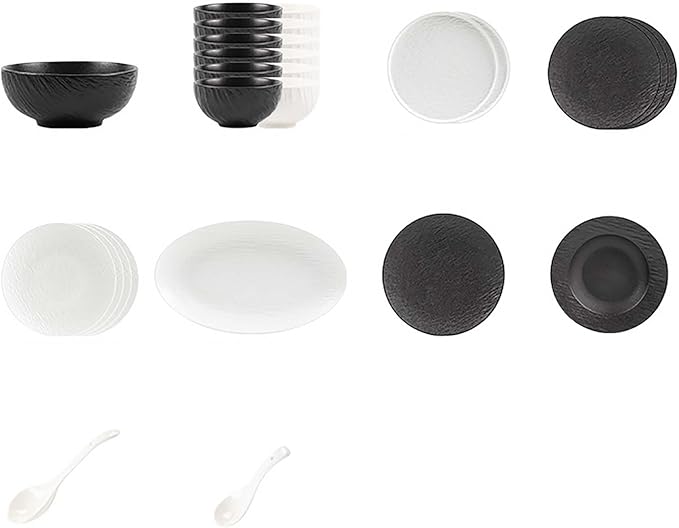 Elegant Black and White Minimalist Matte Ceramic Dinnerware Set, Includes Plates, Bowls, Perfect for Home Dining, Modern Tableware for Everyday Use or Gifting, Ideal for Housewarming