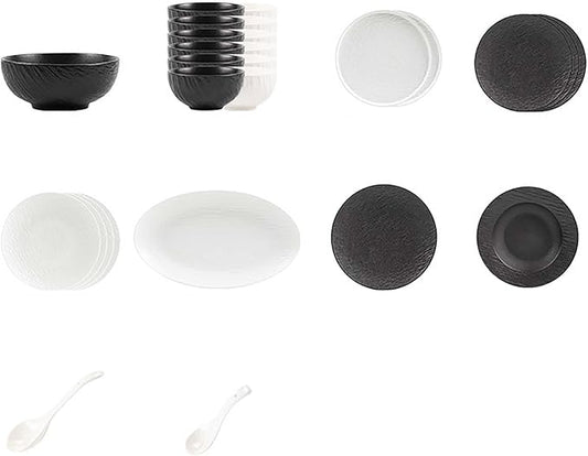 Elegant Black and White Minimalist Matte Ceramic Dinnerware Set, Includes Plates, Bowls, Perfect for Home Dining, Modern Tableware for Everyday Use or Gifting, Ideal for Housewarming