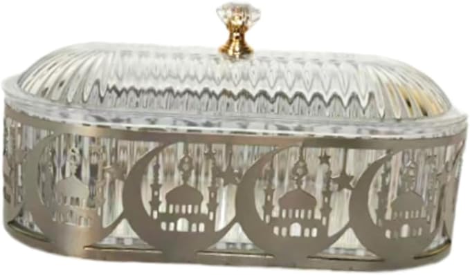 Eid Mubarak Snack Tray with Lid Ramadan Serving Trays Iron Candy Dish with Lid Desktop Storage Box Islam Eid Dinner Plate for Ramadan Mubarak Party Supplies - Silver