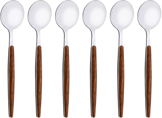 6-Piece Teaspoons Set, Stainless Steel Tea Spoons Set for 6, Silver Mirror Polished Small Spoons for Home Kitchen Restaurant, Round Wooden Effect Handle, 5.9inches, Dishwasher Safe