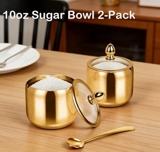10oz Sugar Bowl 2-Pack with Lid|Gold coffee bar sugar container, includes 2 stainless steel canisters with clear lids. This perfect for kitchen countertop, seasoning storage, and stylish home decor.