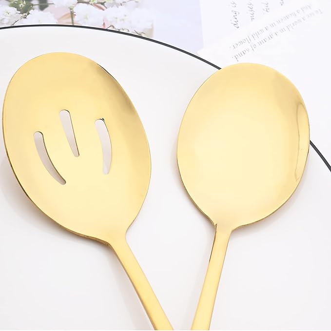 10-Piece Gold Silverware Set, Premium Stainless Steel Cutlery Serving Utensils, Modren & Classic Tableware For Home Kitchen Restaurant Party, Mirror Finish, Dishwasher Safe