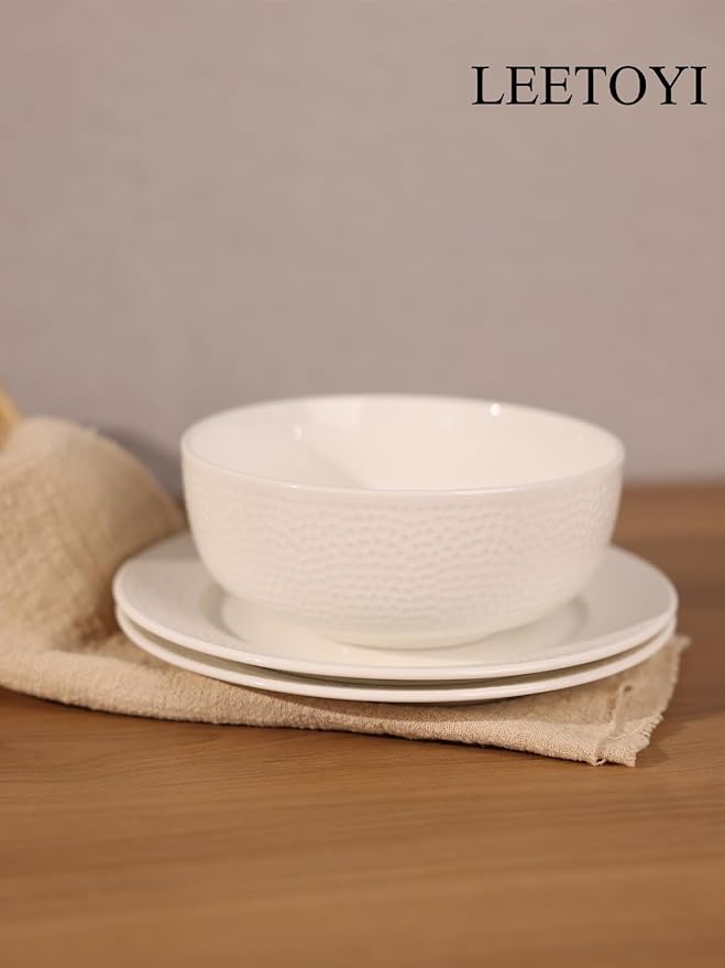 LEETOYI Ceramic Dinnerware Set, 26 OZ Bowl with Plates, Tableware for Kitchen and Formal Dining Used for Cereal, Salad, Pasta, Soup, Dessert, Dishwasher & Microwave Safe, White