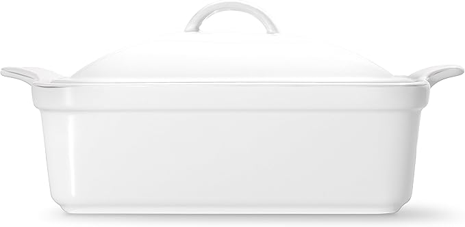 Stoneware Casserole Dish Bakeware with Lid | Covered Square Dinnerware | Medium 2 Quart, [Glossy White]