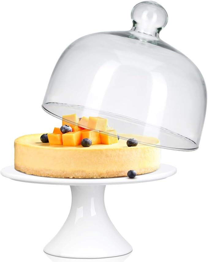 ERINGOGO Cake Stand 8 inch Ceramic Cake Stand, Footed Cake Plate with Glass Dome, Dessert Serving Platter Cheese Board, Wedding Server Tray for Pastries, Doughnuts, Muffin Wedding Decor