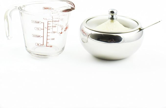 Zoie + Chloe Stainless Steel Sugar Bowl with Glass Lid - Bonus Spoon - 2 Cup Capacity (500ml)