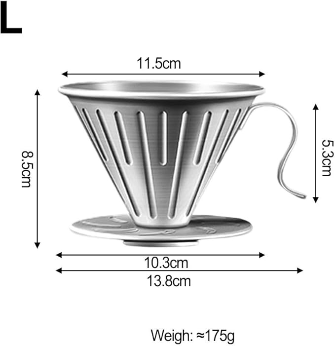 304 Stainless Steel Coffee Dripper with Holder and Ergonomic Handle, Reusable Pour Over Filter Cup Compatible with Various Paper Filters for Home Brewing or Camping(L)