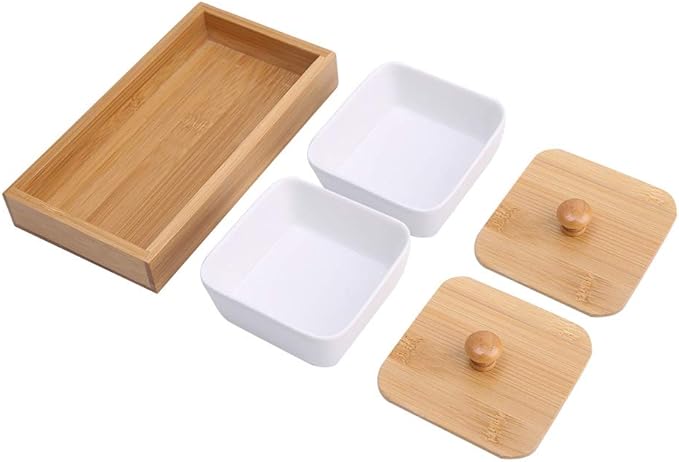 Ceramic Appetizer Serving Plate with Tray Cover, Snack Serving Plate for Fruits Nuts Desserts, BPA - Free White Ceramic Square Bowl with Separate Compartments, Modern Design (Two compartments with