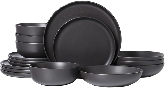 Stoneware Dinnerware Set, 16 Piece Plates and Bowls Set for 4, Microwave and Dishwasher Safe Tableware (black)