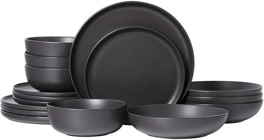 Stoneware Dinnerware Set, 16 Piece Plates and Bowls Set for 4, Microwave and Dishwasher Safe Tableware (black)