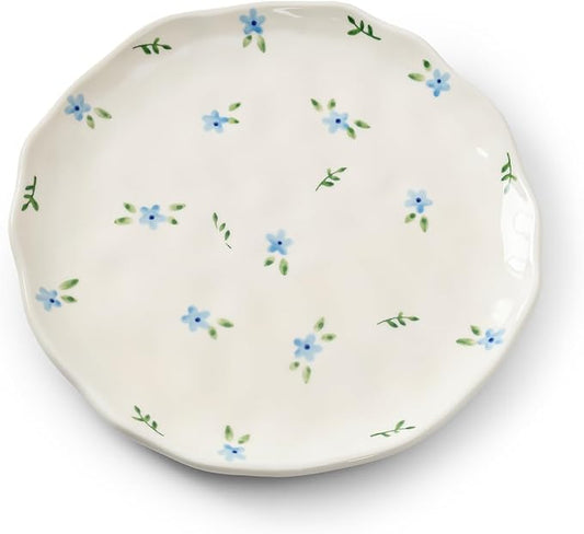 Koythin Floral Ceramic Dinner Plates, 8" Microwave Safe Dishes for Pasta, Modern Rustic Appetizer Plate for Salad Fruits Dessert Cake (Blue Small Floral Fragments)