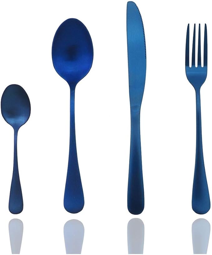 JASHII Matte Silverware Set, 4-Piece Stainless Steel Satin Finish Flatware Service for 1, Kitchen Utensils, Tableware Cutlery for Home and Restaurant (Blue Full)