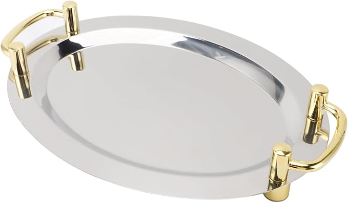 Silver Tray with Stainless Steel Platter with Handle – Multifunction Portable Serving Tray for Restaurant & Hotel Buffet, Rectangle Shape, 47.5cm (Rectangle Shape with Gold Handle, 39cm)