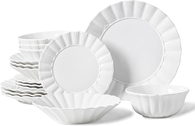HOMBENE Plates and Bowls Sets, 16 Piece Dinnerware Sets, Porcelain Dinner Set with Plates and Bowls, Ceramic tableware, Modern Bone China Dish Set for 4, Wavy Pattern