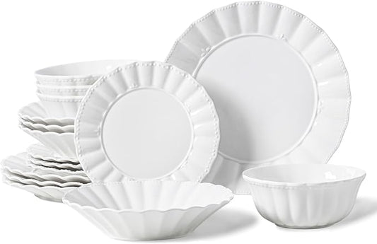 HOMBENE Plates and Bowls Sets, 16 Piece Dinnerware Sets, Porcelain Dinner Set with Plates and Bowls, Ceramic tableware, Modern Bone China Dish Set for 4, Wavy Pattern