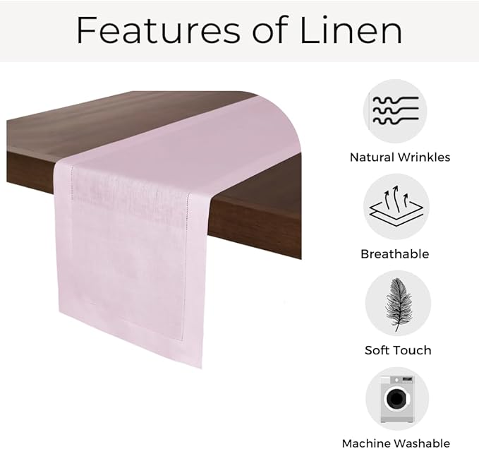 D'Moksha Homes Linen Pastel Pink Table Runner 108 Inches Long - 100% Pure Linen 14 x 108 Inch Table Runner for Winter, Christmas, Holiday, New Year - Classic Hemstitch