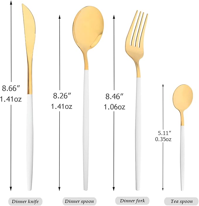 Mirror Cutlery Serving Set, 24-piece 18/0 Stainless Steel Silverware With White Handle Simple & Modern Tableware For Home Party Restaurant Christmas Dinner, Service For 6 (White Gold)