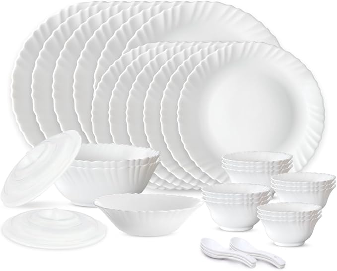 Borosil Gourmet Dinnerware Set For 6, 35 Pieces, White Dinner Plates and Bowls Sets, Chip Resistant Tempered Opal Glass, Stain Resistant, Dishwasher & Microwave Safe Dinner Set For Gifting, Serves 6