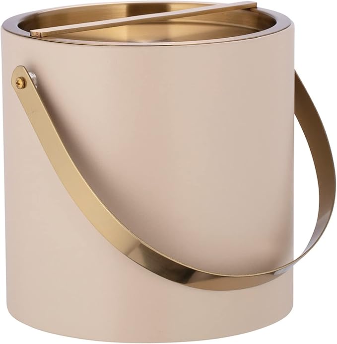 Kraftware SANTA BARBARA 3qt Ice Bucket with Brushed Gold Arch Handle & Bridge Cover: Taupe
