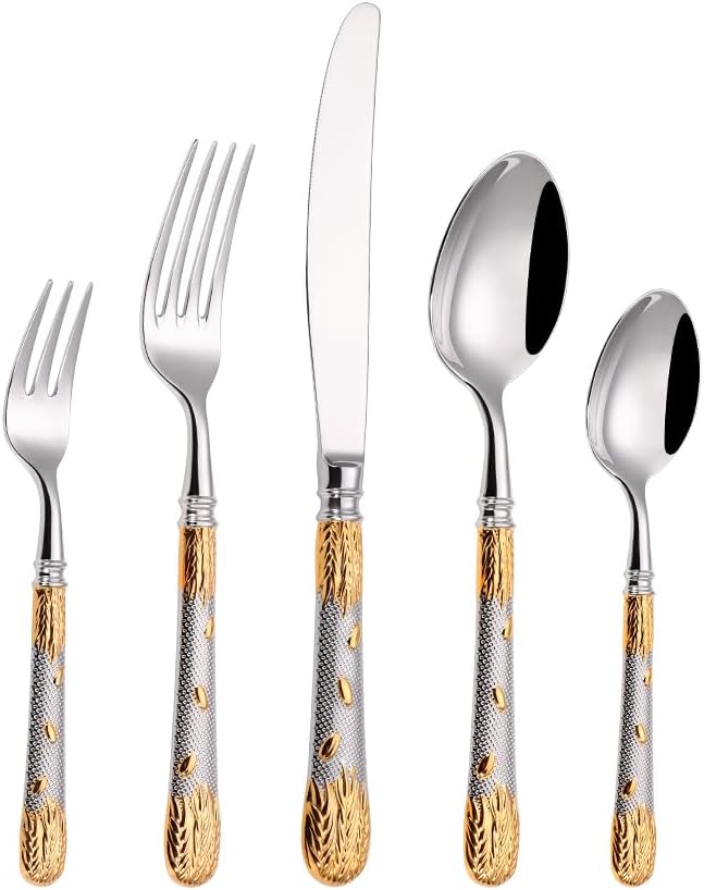 Luxury 20-Piece Wheat Ear Design Silverware Set, Premium 18/10 Stainless Steel Flatware, Serving 4. (Gold & Silver)
