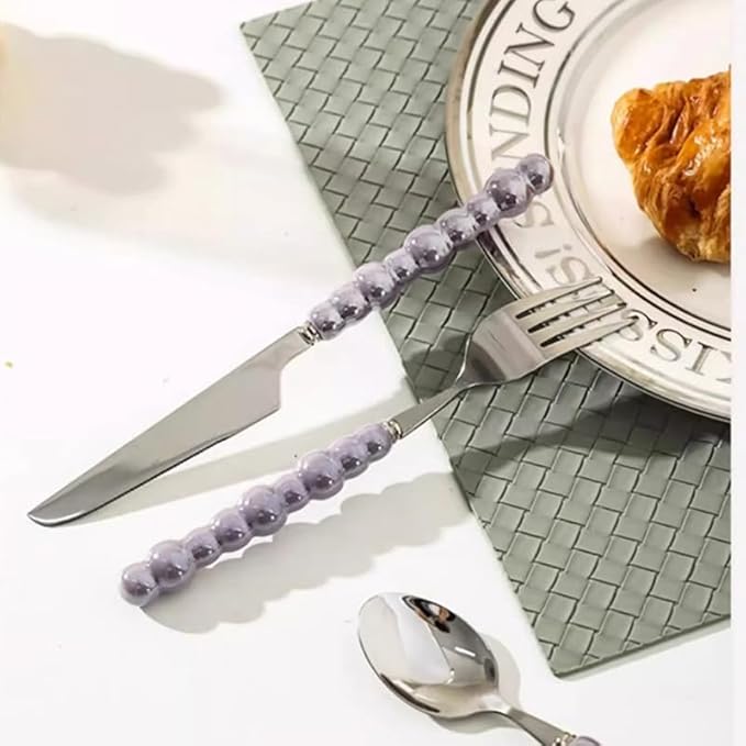 2Pcs Pearl Flatware Set, Creative Stainless Steel Flatware Pearl Ceramic Handle Silverware Tableware for Kitchen Hotel Home Steak Knife Dessert Spoon Dishwasher